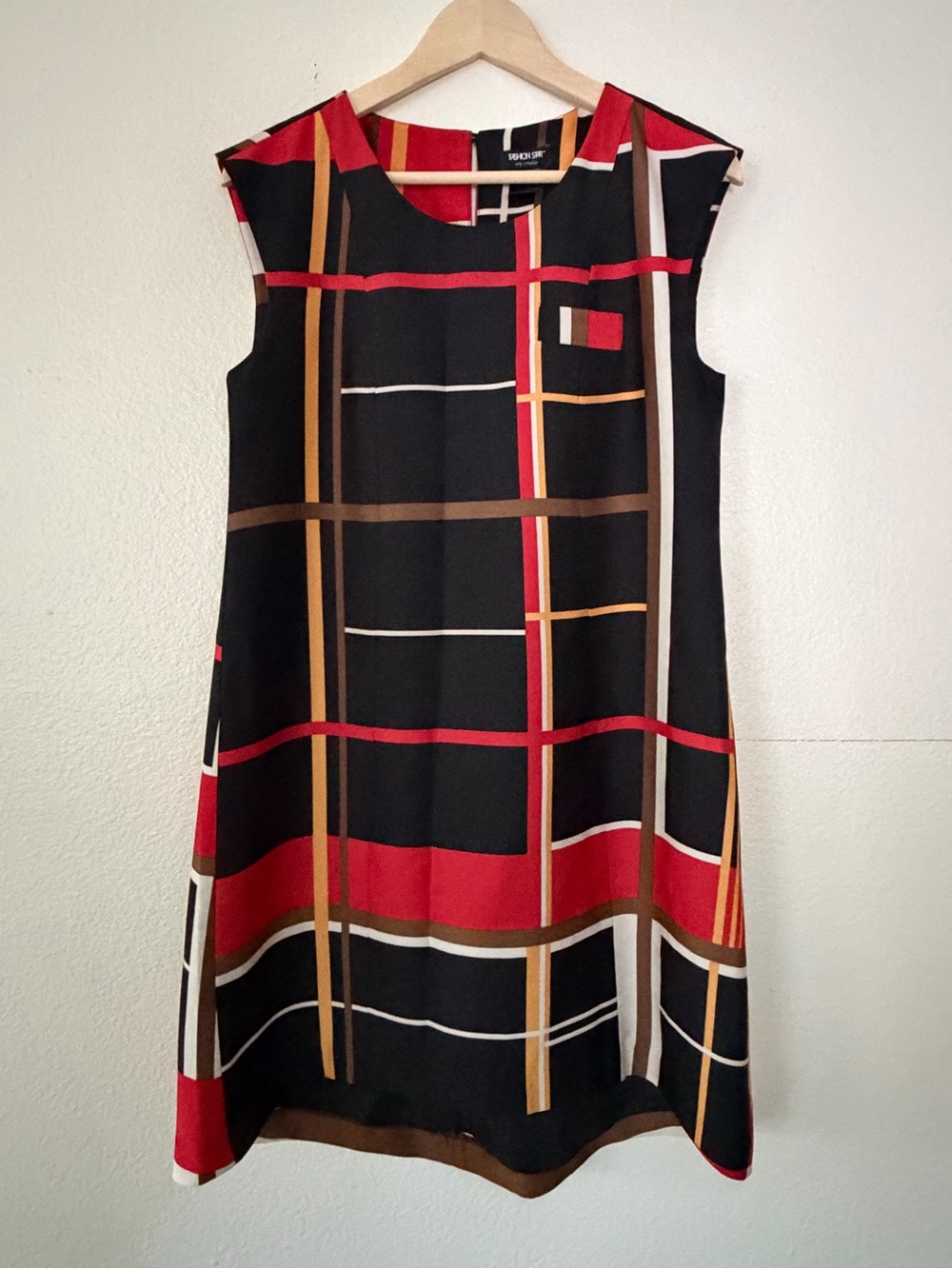 Black Midi Dress with Red & Brown Windowpane